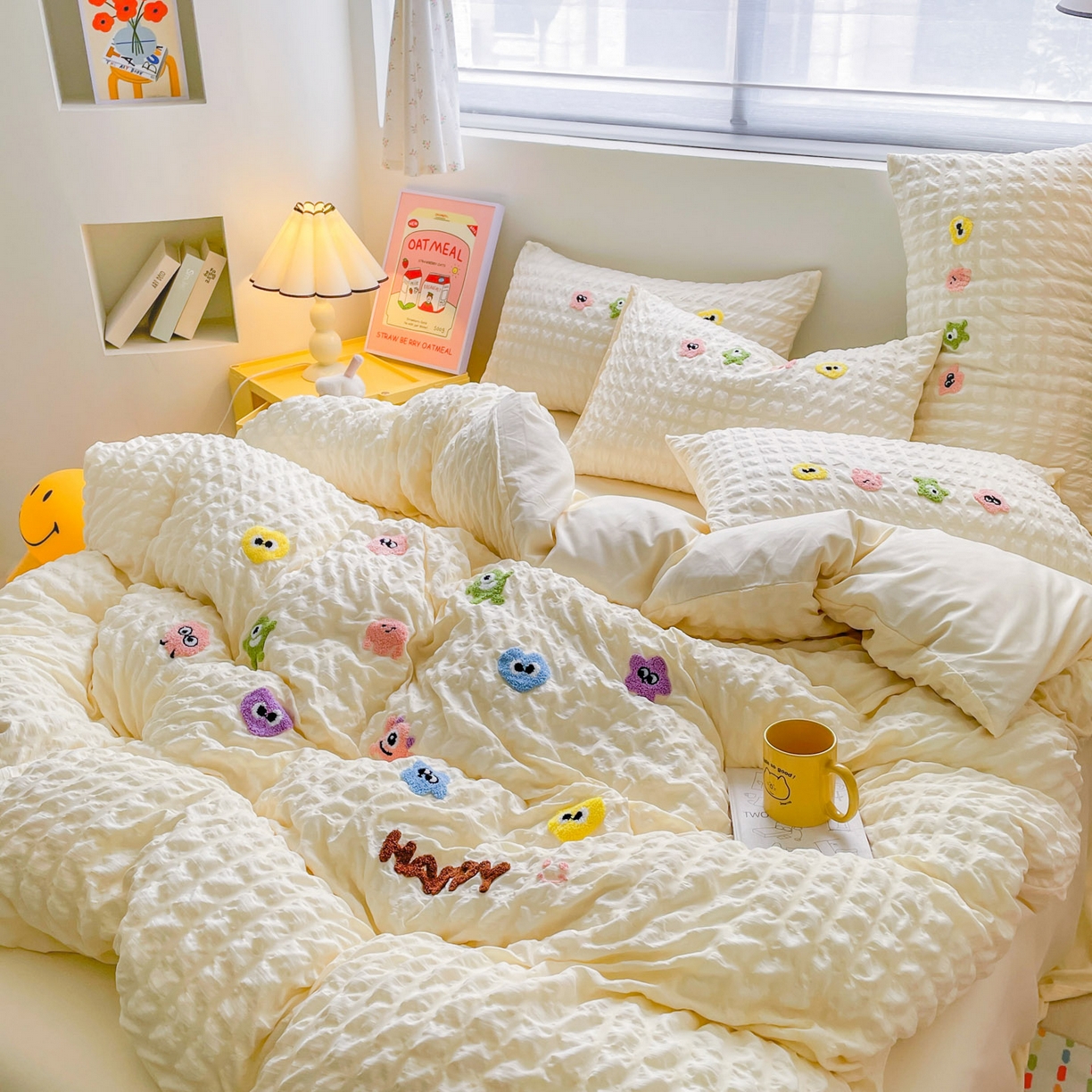 91家纺网 家纺一手货源 找家纺 千希家纺 2025新款高克重超柔泡泡纱毛巾绣泡芙精灵系列四件套 泡芙精灵-奶油黄