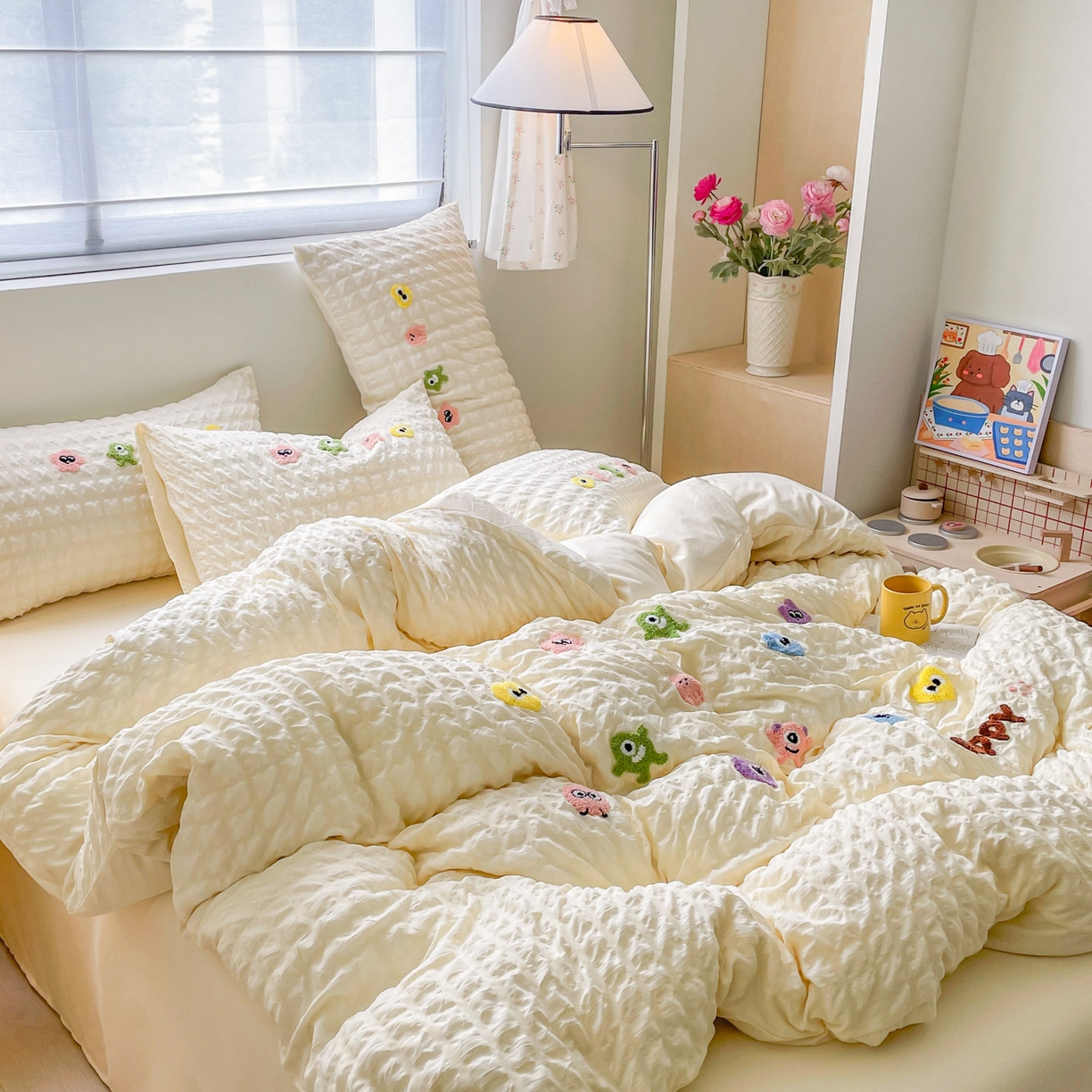 91家纺网 家纺一手货源 找家纺 千希家纺 2025新款高克重超柔泡泡纱毛巾绣泡芙精灵系列四件套 泡芙精灵-奶油黄