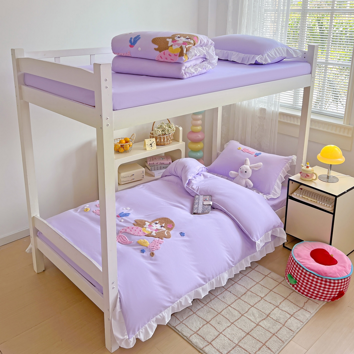 91家纺网 家纺一手货源 找家纺 雨菲家纺 2025新款学生季水洗棉毛巾绣花荷叶花边三件套四件套床单床笠款 美人鱼紫