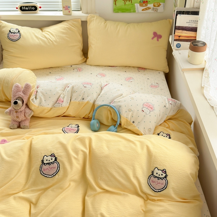 91家纺网 家纺一手货源 找家纺 三元色 2025新款云感毛巾绣四件套 爱心猫咪-黄