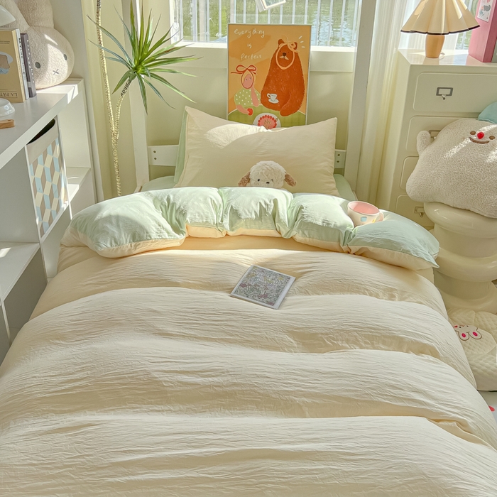 91家纺网 家纺一手货源 找家纺 韩巢家纺 2025新款纯色水洗棉寝室上下铺三件套学生宿舍床上三件套 水洗棉奶黄绿