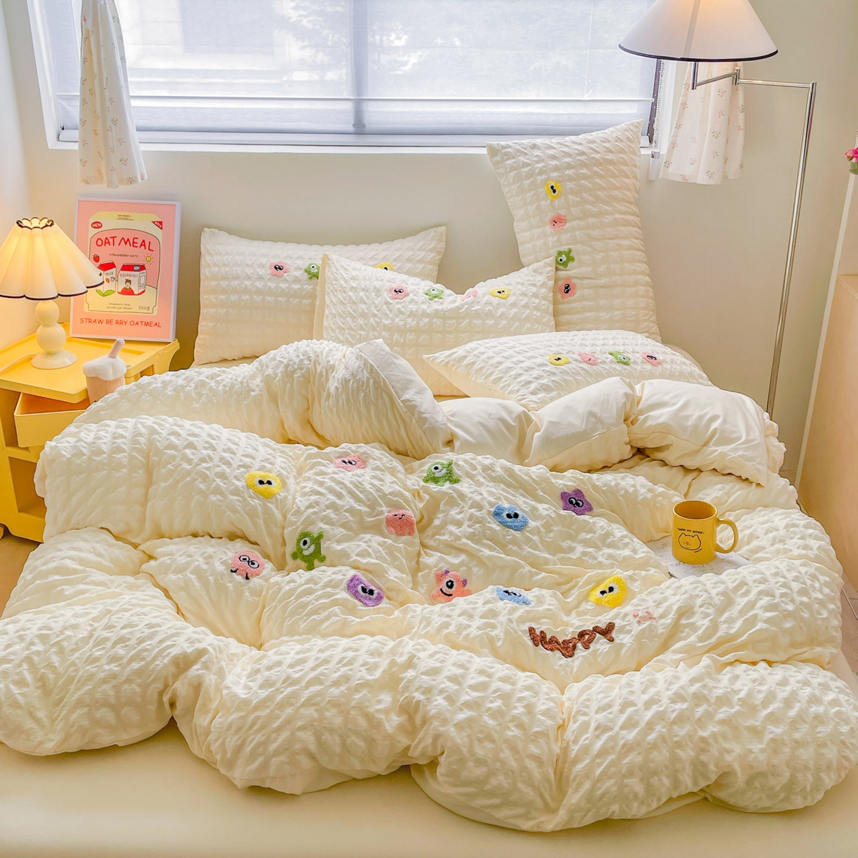 91家纺网 家纺一手货源 找家纺 千希家纺 2025新款高克重超柔泡泡纱毛巾绣泡芙精灵系列四件套 泡芙精灵-奶油黄