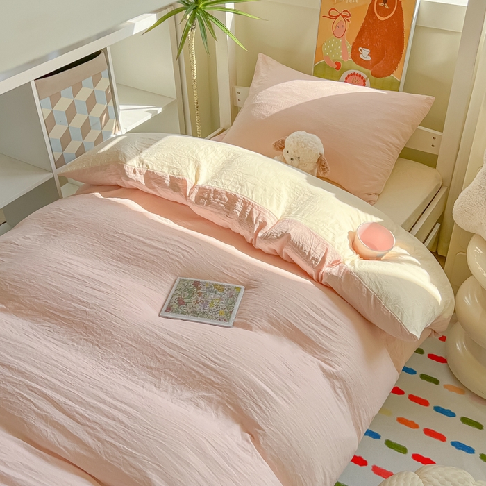 91家纺网 家纺一手货源 找家纺 韩巢家纺 2025新款纯色水洗棉寝室上下铺三件套学生宿舍床上三件套 水洗棉浅粉黄