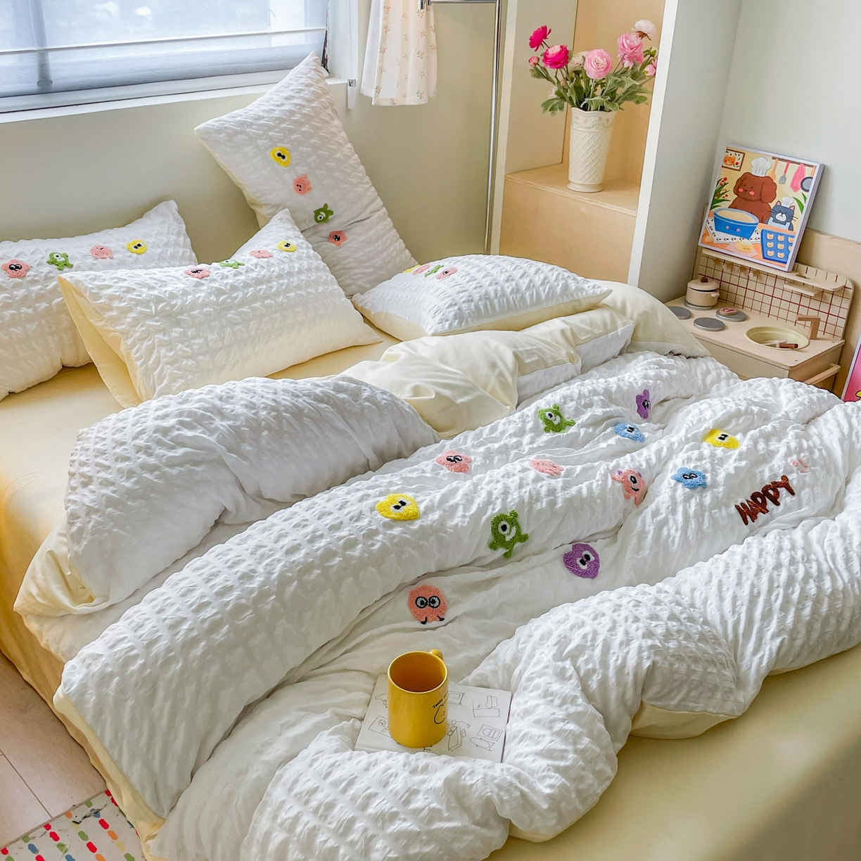 91家纺网 家纺一手货源 找家纺 （总）千希家纺 2025新款高克重超柔泡泡纱毛巾绣泡芙精灵系列四件套