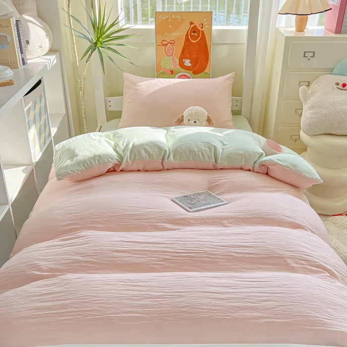 91家纺网 家纺一手货源 找家纺 韩巢家纺 2025新款纯色水洗棉寝室上下铺三件套学生宿舍床上三件套 水洗棉浅粉绿