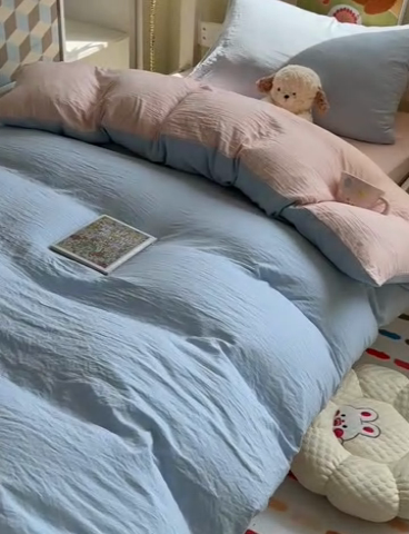 91家纺网 家纺一手货源 找家纺 韩巢家纺 2025新款纯色水洗棉寝室上下铺三件套学生宿舍床上三件套 水洗棉蓝粉