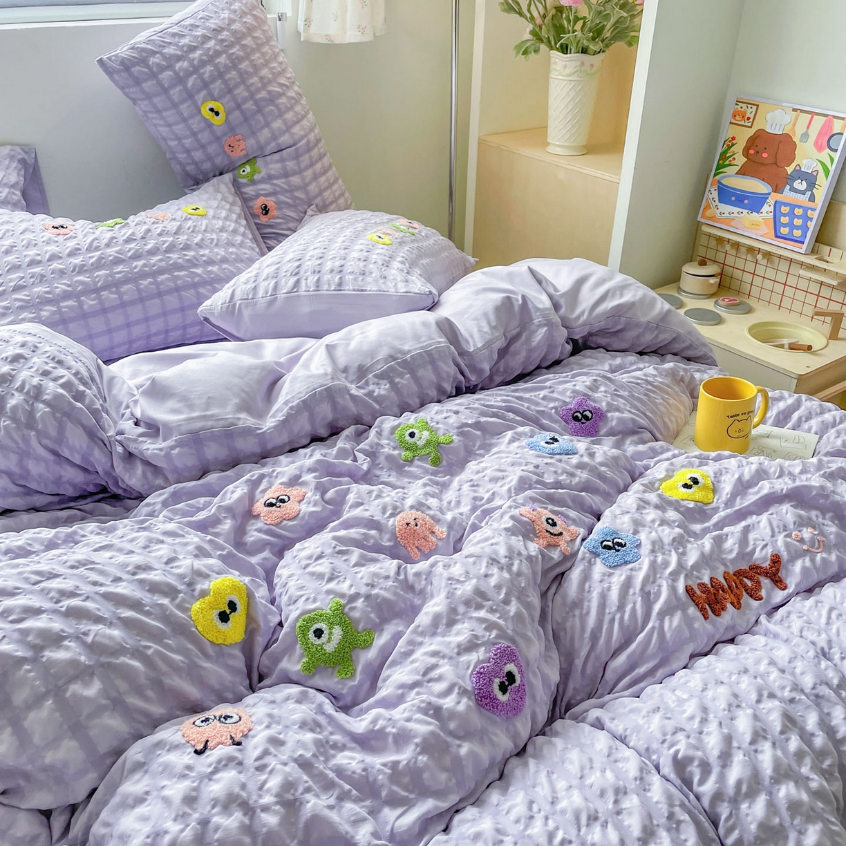 91家纺网 家纺一手货源 找家纺 千希家纺 2025新款高克重超柔泡泡纱毛巾绣泡芙精灵系列四件套 泡芙精灵-香芋紫