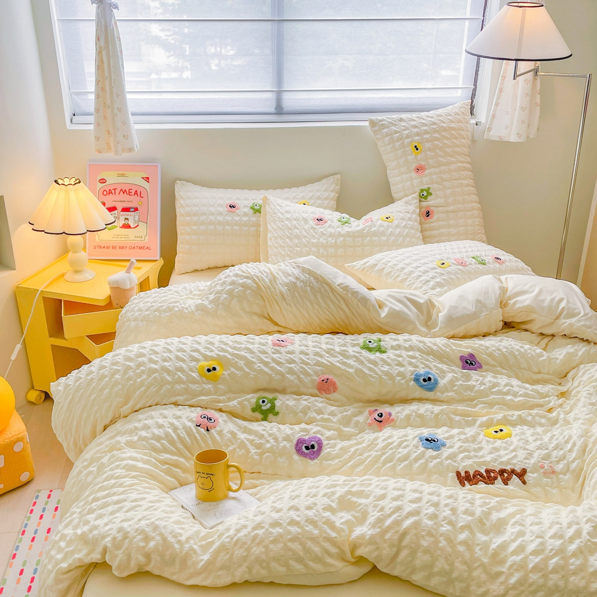 91家纺网 家纺一手货源 找家纺 千希家纺 2025新款高克重超柔泡泡纱毛巾绣泡芙精灵系列四件套 泡芙精灵-奶油黄