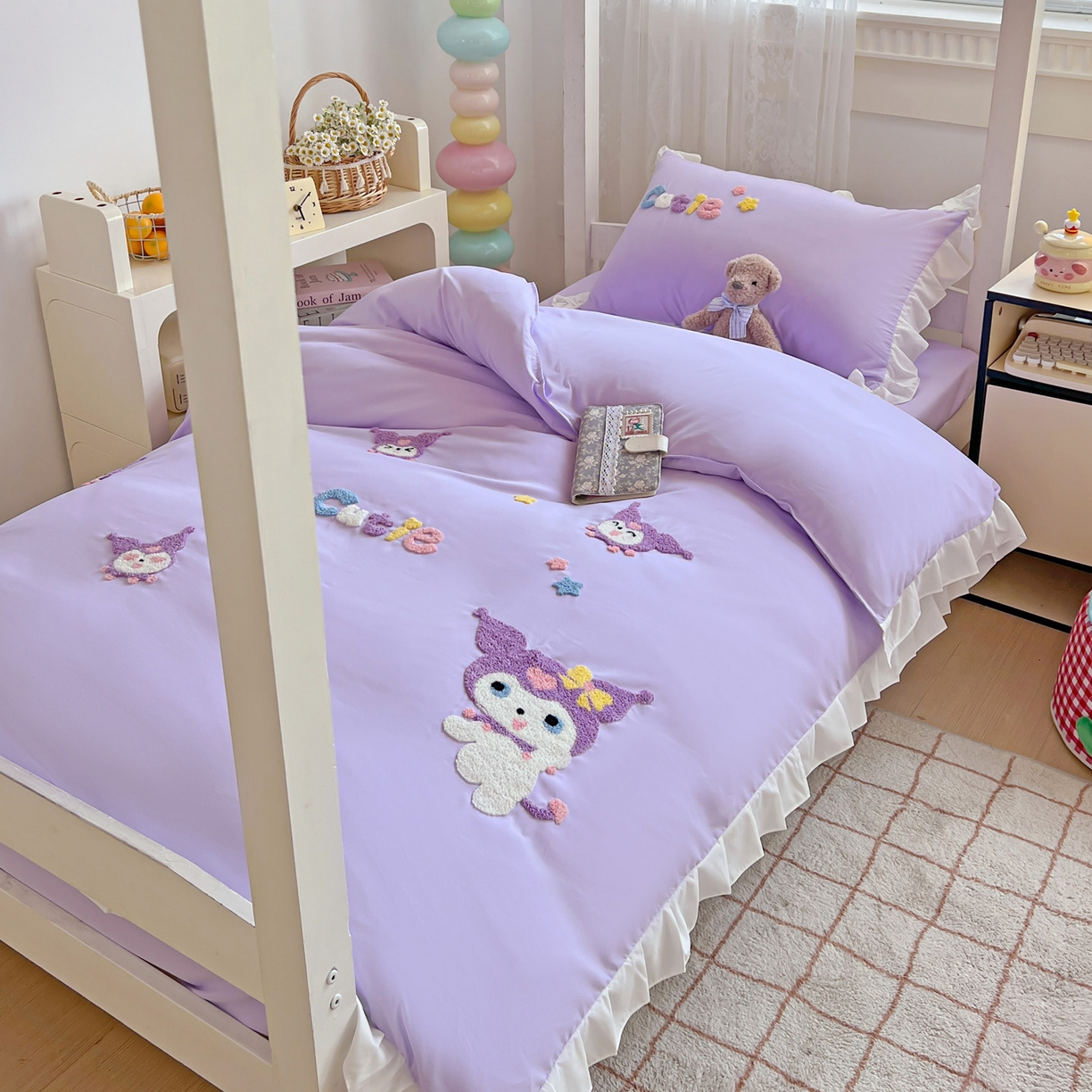 91家纺网 家纺一手货源 找家纺 雨菲家纺 2025新款学生季水洗棉毛巾绣花荷叶花边三件套四件套床单床笠款 米米兔紫