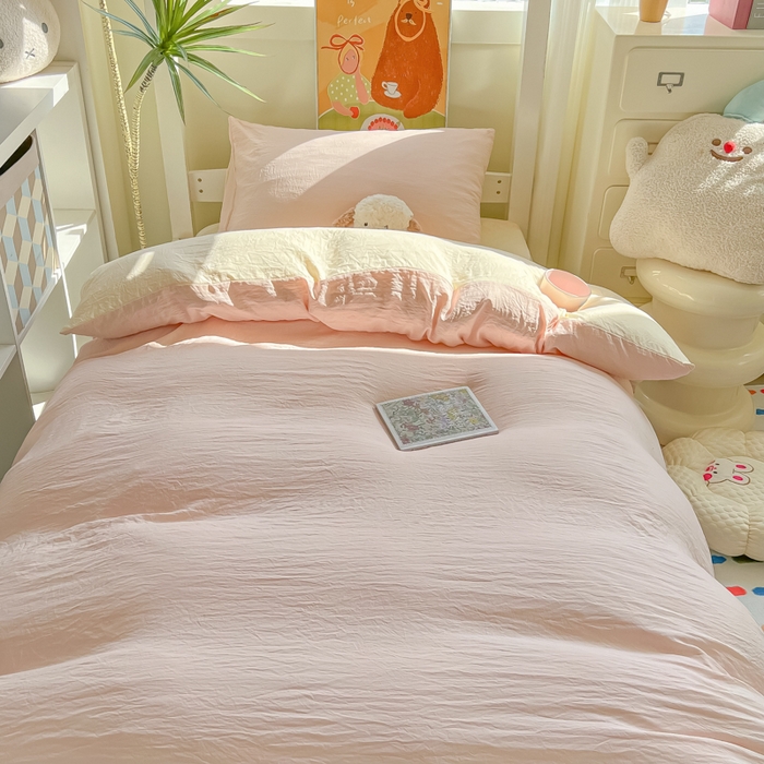 91家纺网 家纺一手货源 找家纺 韩巢家纺 2025新款纯色水洗棉寝室上下铺三件套学生宿舍床上三件套 水洗棉浅粉黄