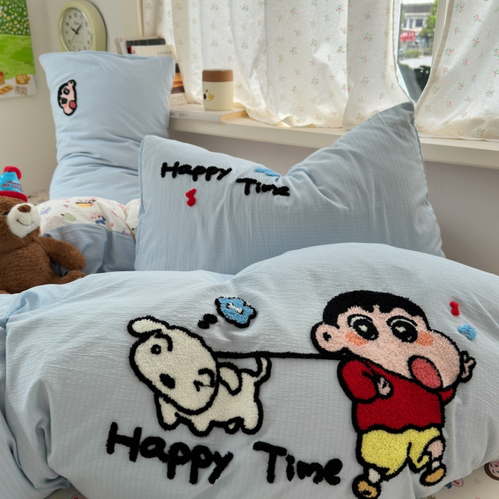 91家纺网 家纺一手货源 找家纺 三元色 2025新款云感毛巾绣四件套 调皮小新