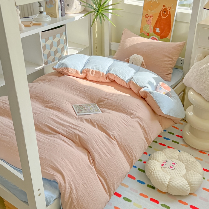 91家纺网 家纺一手货源 找家纺 韩巢家纺 2025新款纯色水洗棉寝室上下铺三件套学生宿舍床上三件套 水洗棉咖蓝