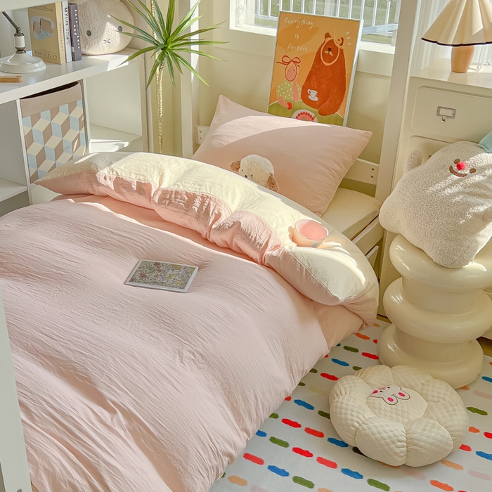 91家纺网 家纺一手货源 找家纺 韩巢家纺 2025新款纯色水洗棉寝室上下铺三件套学生宿舍床上三件套 水洗棉浅粉黄