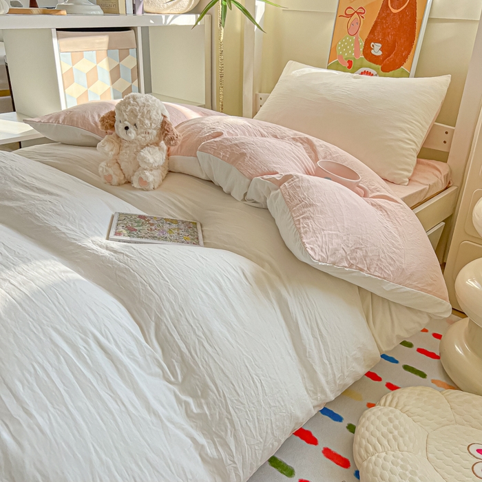 91家纺网 家纺一手货源 找家纺 韩巢家纺 2025新款纯色水洗棉寝室上下铺三件套学生宿舍床上三件套 水洗棉白浅粉