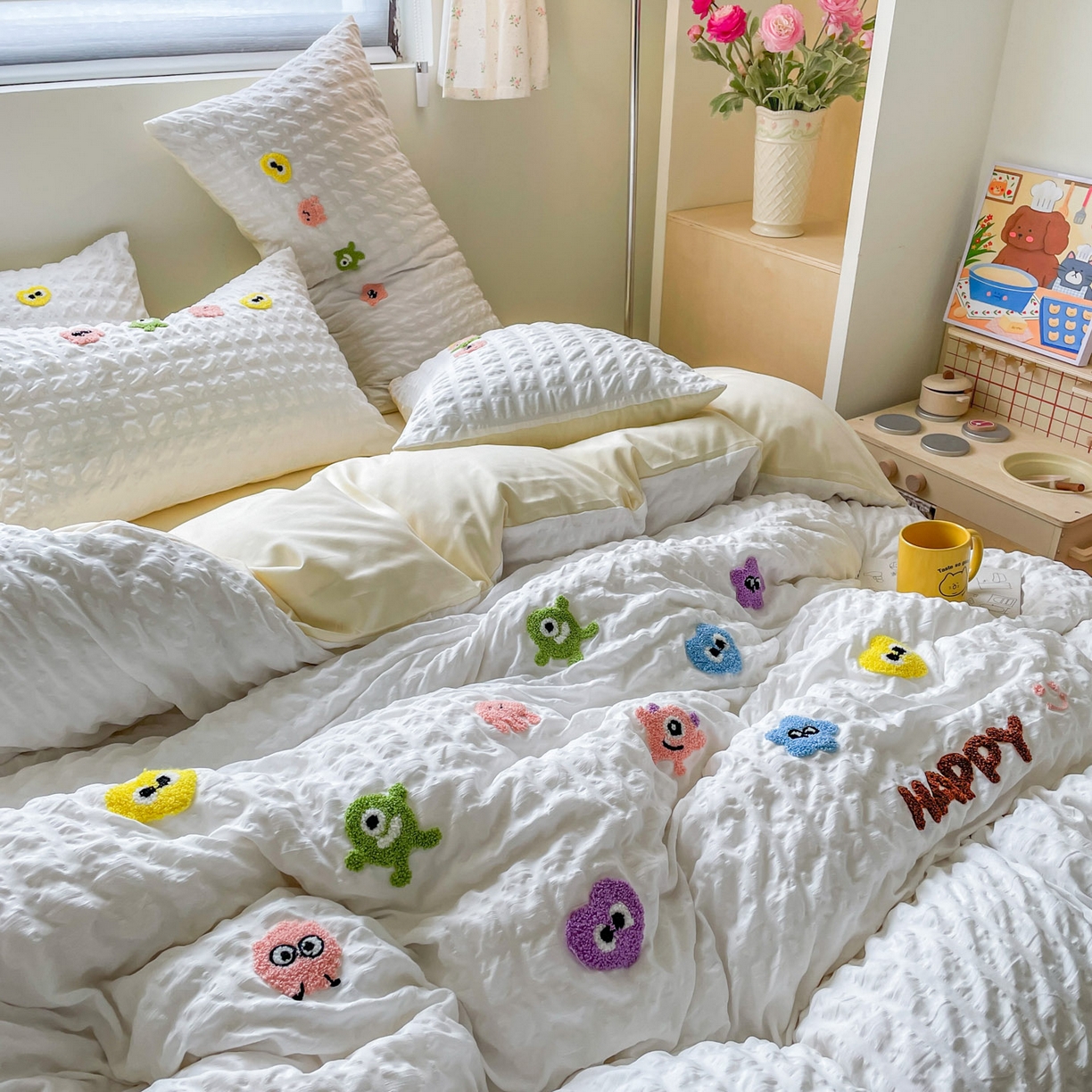 91家纺网 家纺一手货源 找家纺 （总）千希家纺 2025新款高克重超柔泡泡纱毛巾绣泡芙精灵系列四件套