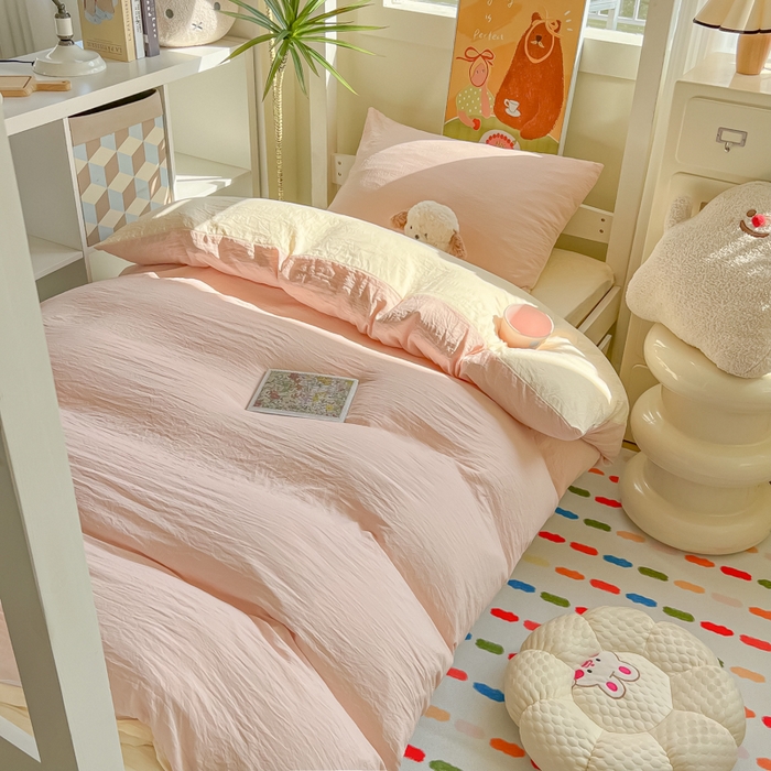 91家纺网 家纺一手货源 找家纺 韩巢家纺 2025新款纯色水洗棉寝室上下铺三件套学生宿舍床上三件套 水洗棉浅粉黄