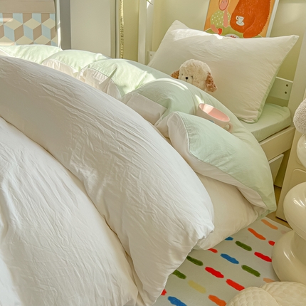 韩巢家纺 2025新款纯色水洗棉寝室上下铺三件套学生宿舍床上三件套 水洗棉白绿