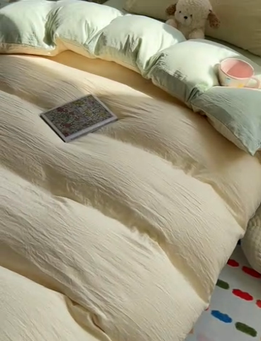 91家纺网 家纺一手货源 找家纺 韩巢家纺 2025新款纯色水洗棉寝室上下铺三件套学生宿舍床上三件套 水洗棉奶黄绿