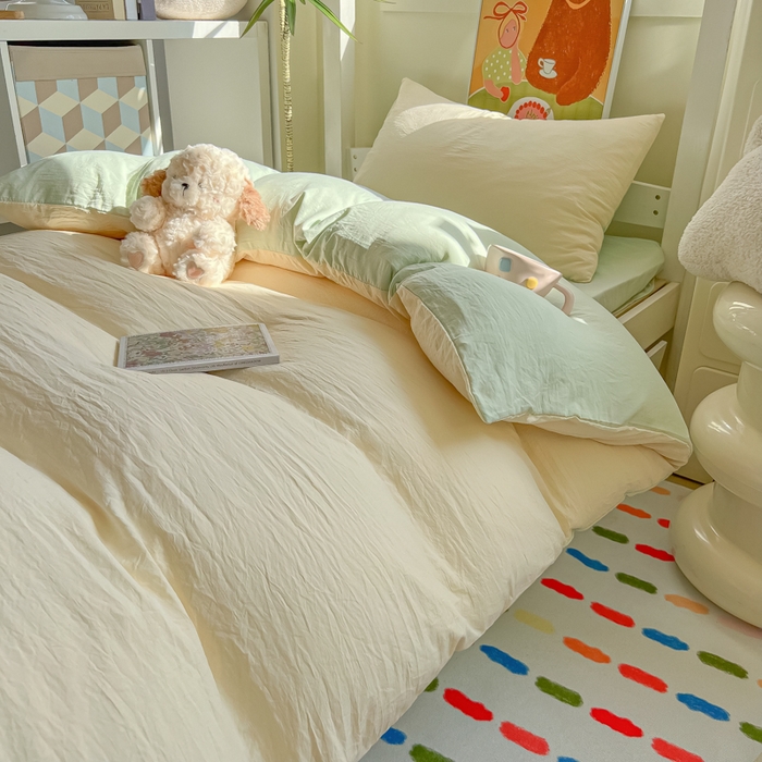 91家纺网 家纺一手货源 找家纺 韩巢家纺 2025新款纯色水洗棉寝室上下铺三件套学生宿舍床上三件套 水洗棉奶黄绿