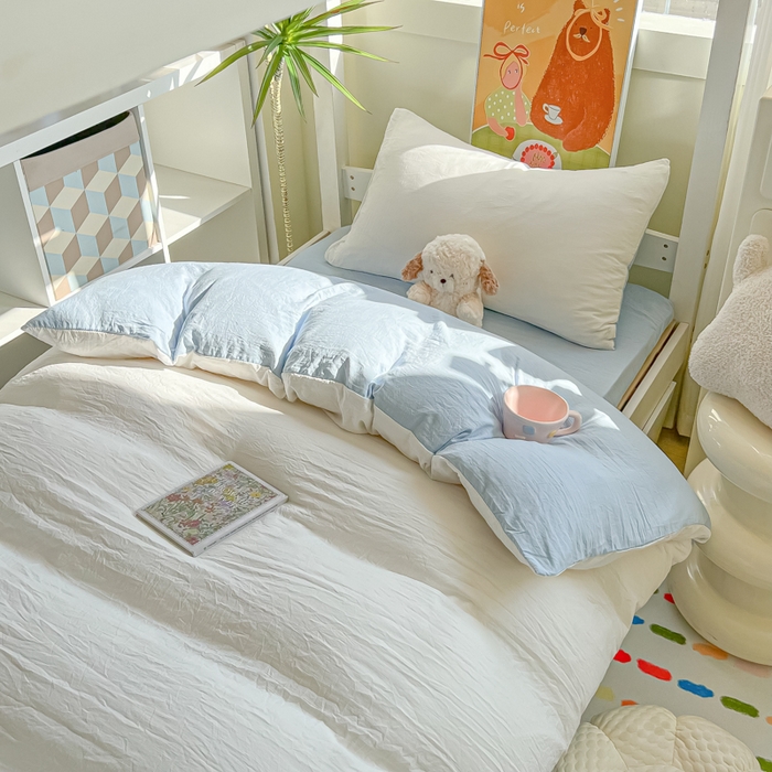 91家纺网 家纺一手货源 找家纺 韩巢家纺 2025新款纯色水洗棉寝室上下铺三件套学生宿舍床上三件套 水洗棉白蓝
