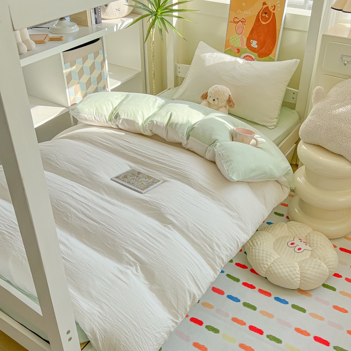 91家纺网 家纺一手货源 找家纺 韩巢家纺 2025新款纯色水洗棉寝室上下铺三件套学生宿舍床上三件套 水洗棉白绿