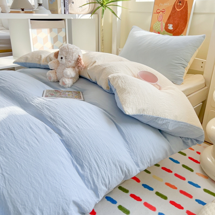 91家纺网 家纺一手货源 找家纺 韩巢家纺 2025新款纯色水洗棉寝室上下铺三件套学生宿舍床上三件套 水洗棉浅蓝黄