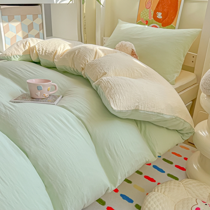 91家纺网 家纺一手货源 找家纺 韩巢家纺 2025新款纯色水洗棉寝室上下铺三件套学生宿舍床上三件套 水洗棉浅绿黄