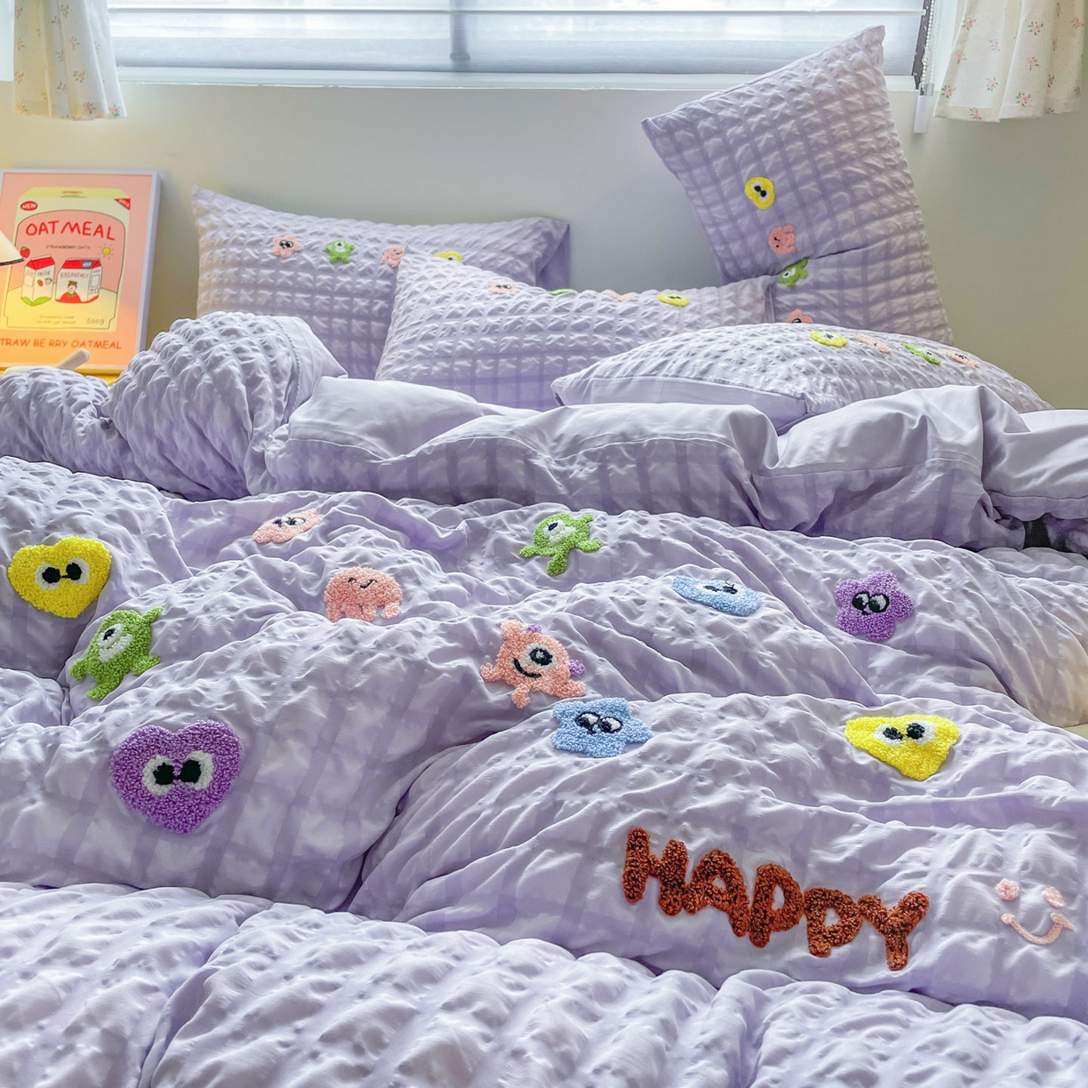 91家纺网 家纺一手货源 找家纺 千希家纺 2025新款高克重超柔泡泡纱毛巾绣泡芙精灵系列四件套 泡芙精灵-香芋紫