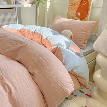 韩巢家纺 2025新款纯色水洗棉寝室上下铺三件套学生宿舍床上三件套 水洗棉咖蓝