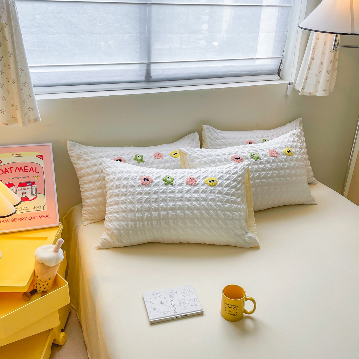 91家纺网 家纺一手货源 找家纺 （总）千希家纺 2025新款高克重超柔泡泡纱毛巾绣泡芙精灵系列四件套