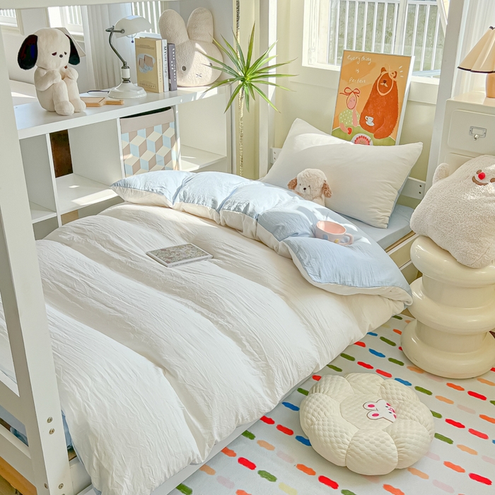 91家纺网 家纺一手货源 找家纺 韩巢家纺 2025新款纯色水洗棉寝室上下铺三件套学生宿舍床上三件套 水洗棉白蓝