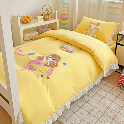 91家纺网 家纺一手货源 找家纺 （总）雨菲家纺 2025新款学生季水洗棉毛巾绣花荷叶花边三件套四件套床单床笠款