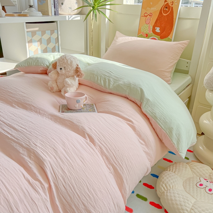 91家纺网 家纺一手货源 找家纺 韩巢家纺 2025新款纯色水洗棉寝室上下铺三件套学生宿舍床上三件套 水洗棉浅粉绿