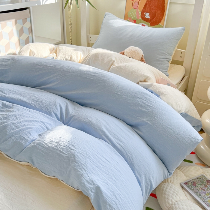91家纺网 家纺一手货源 找家纺 韩巢家纺 2025新款纯色水洗棉寝室上下铺三件套学生宿舍床上三件套 水洗棉浅蓝黄
