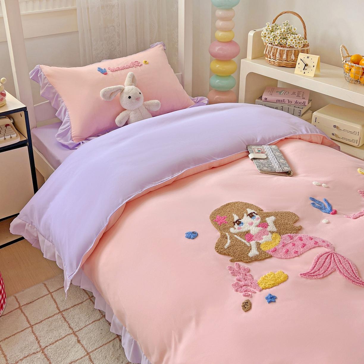 91家纺网 家纺一手货源 找家纺 （总）雨菲家纺 2025新款学生季水洗棉毛巾绣花荷叶花边三件套四件套床单床笠款