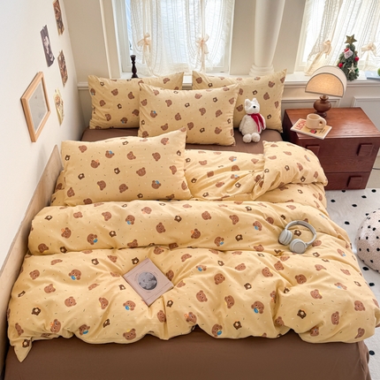 晚爱家纺（原晚安家居） 2025新款超柔水洗棉四件套卡通小清新学生宿舍三件套 复古小熊