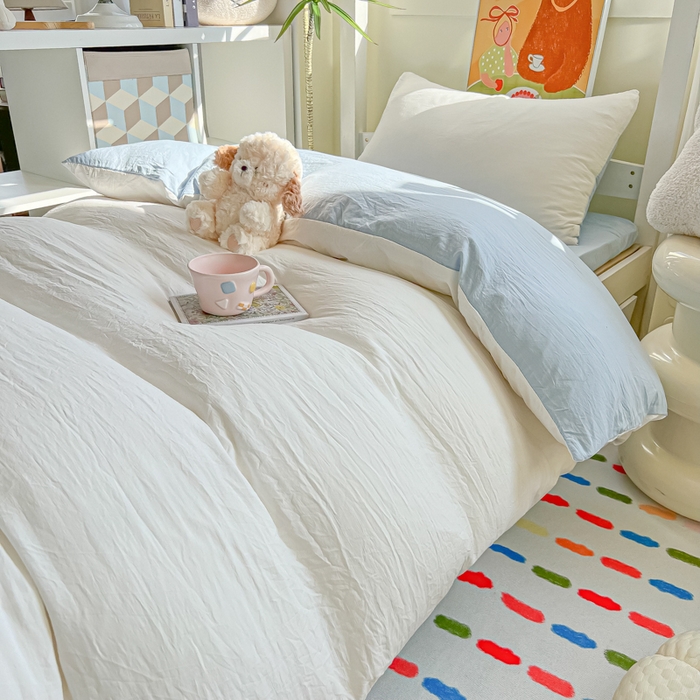 91家纺网 家纺一手货源 找家纺 韩巢家纺 2025新款纯色水洗棉寝室上下铺三件套学生宿舍床上三件套 水洗棉白蓝