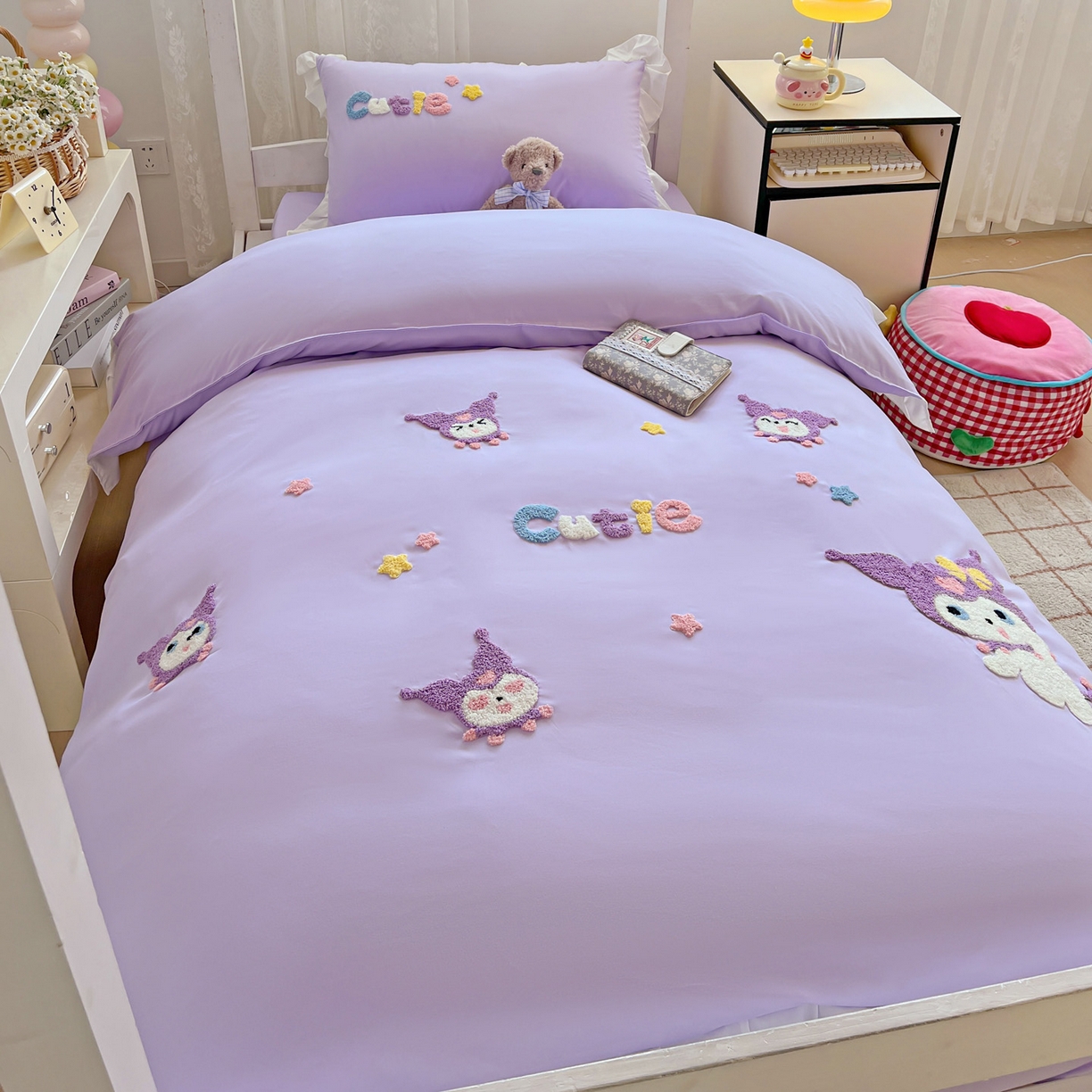 91家纺网 家纺一手货源 找家纺 雨菲家纺 2025新款学生季水洗棉毛巾绣花荷叶花边三件套四件套床单床笠款 米米兔紫