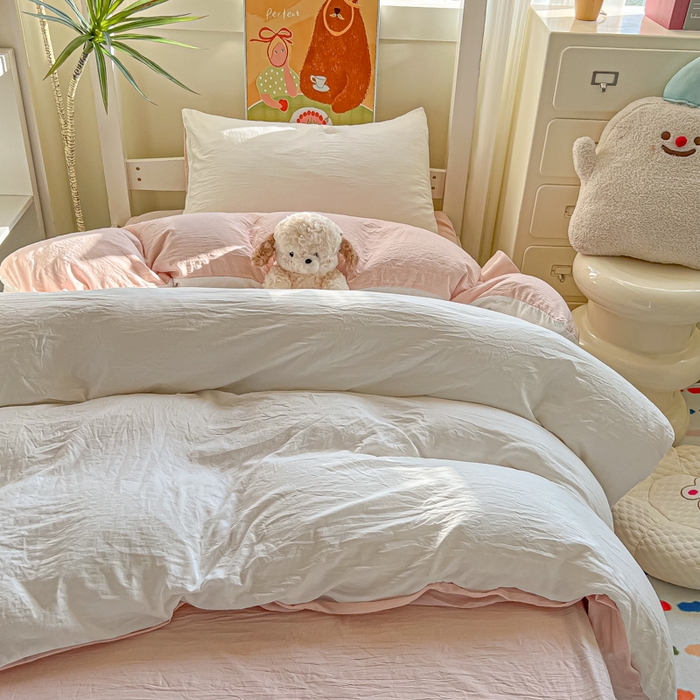 91家纺网 家纺一手货源 找家纺 韩巢家纺 2025新款纯色水洗棉寝室上下铺三件套学生宿舍床上三件套 水洗棉白浅粉