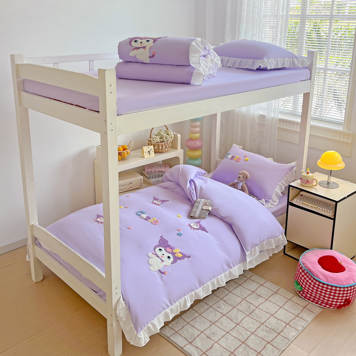 91家纺网 家纺一手货源 找家纺 雨菲家纺 2025新款学生季水洗棉毛巾绣花荷叶花边三件套四件套床单床笠款 米米兔紫