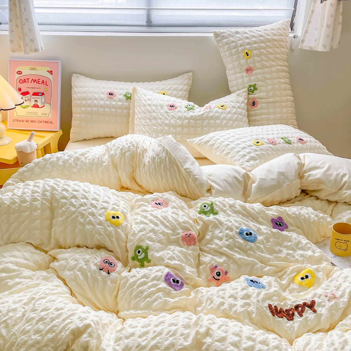 91家纺网 家纺一手货源 找家纺 千希家纺 2025新款高克重超柔泡泡纱毛巾绣泡芙精灵系列四件套 泡芙精灵-奶油黄