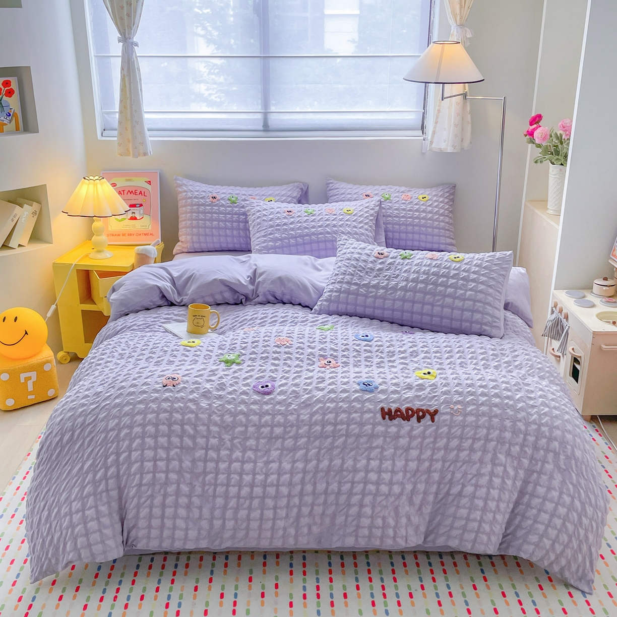 91家纺网 家纺一手货源 找家纺 千希家纺 2025新款高克重超柔泡泡纱毛巾绣泡芙精灵系列四件套 泡芙精灵-香芋紫