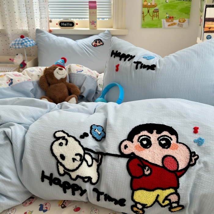 91家纺网 家纺一手货源 找家纺 三元色 2025新款云感毛巾绣四件套 调皮小新