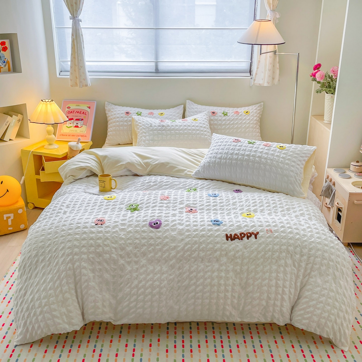 91家纺网 家纺一手货源 找家纺 （总）千希家纺 2025新款高克重超柔泡泡纱毛巾绣泡芙精灵系列四件套