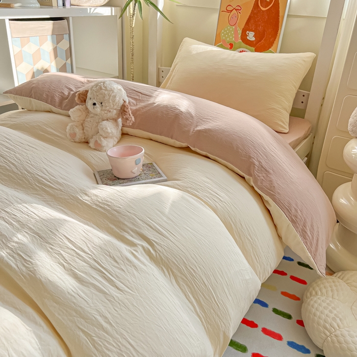 91家纺网 家纺一手货源 找家纺 韩巢家纺 2025新款纯色水洗棉寝室上下铺三件套学生宿舍床上三件套 水洗棉奶黄咖