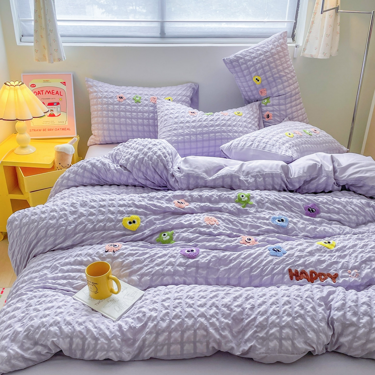 91家纺网 家纺一手货源 找家纺 千希家纺 2025新款高克重超柔泡泡纱毛巾绣泡芙精灵系列四件套 泡芙精灵-香芋紫