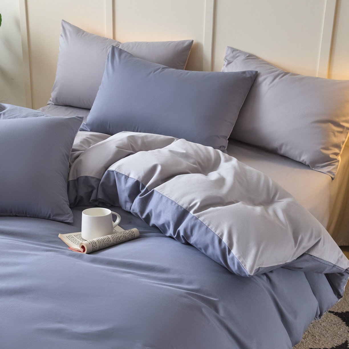 91家纺网 家纺一手货源 找家纺 乐美家纺 2025新款全棉双拼单被套 布鲁兰+石灰