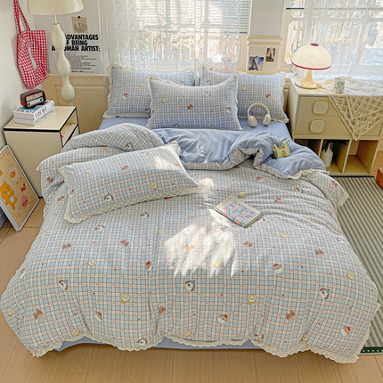 91家纺网 家纺一手货源 找家纺 （总）水木坊 2025新款皱皱双层纱镂空花边四件套