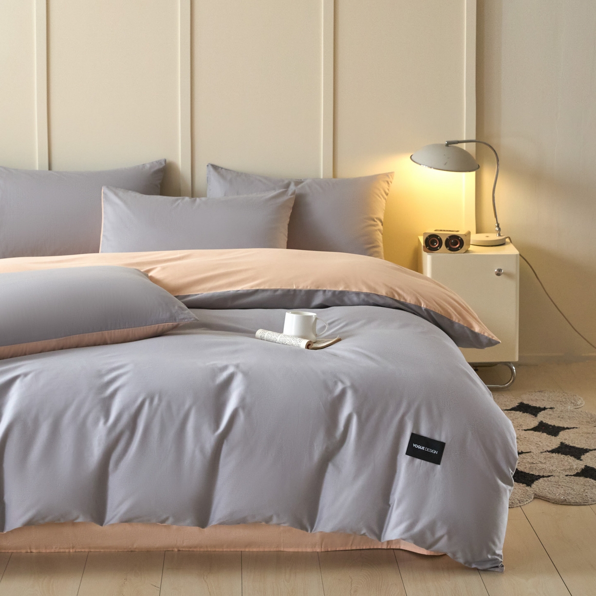 91家纺网 家纺一手货源 找家纺 乐美家纺 2025新款全棉双拼单被套 石灰+米杏