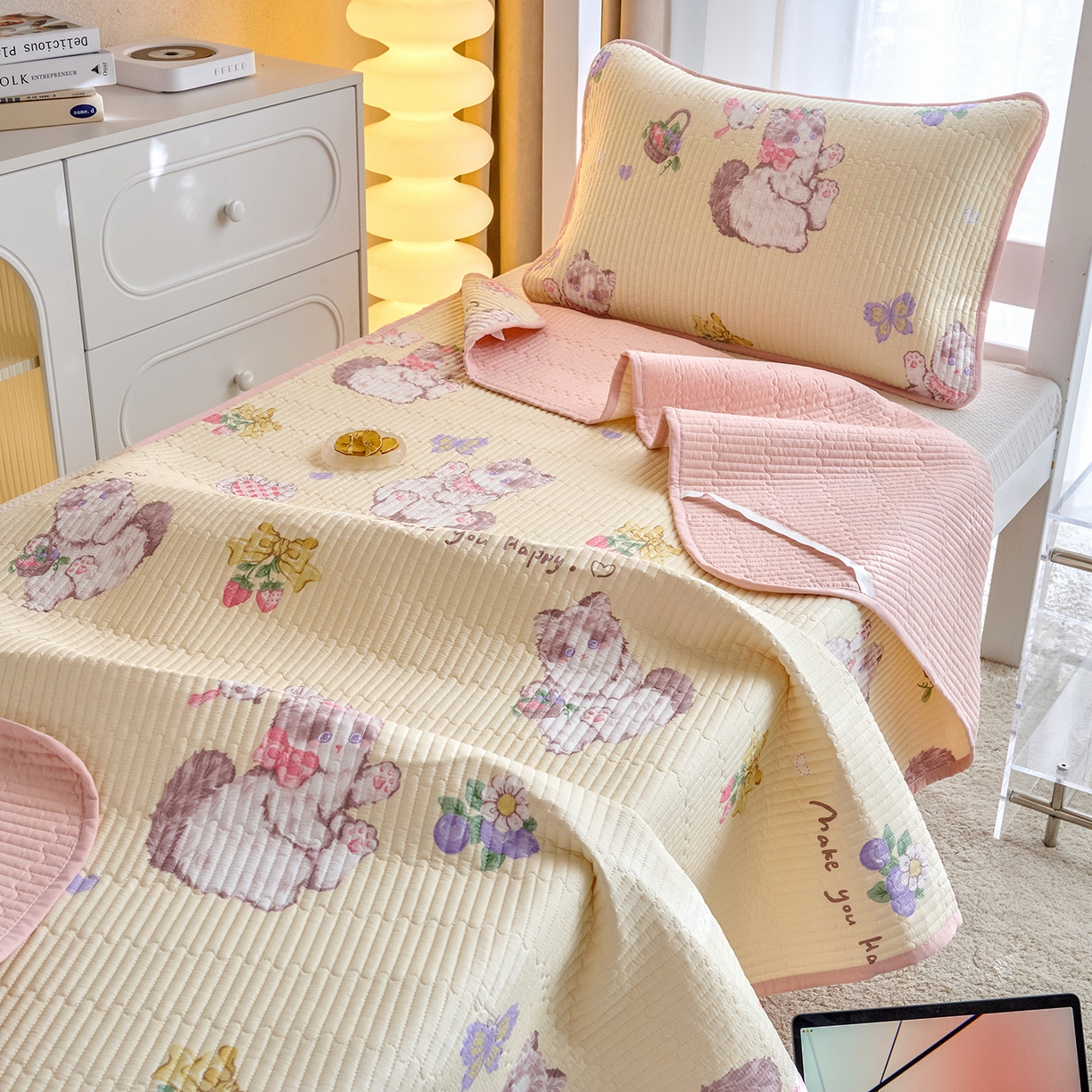 91家纺网 家纺一手货源 找家纺 X猫先生 2025小清新全棉学生床盖-新增花型 泫雅猫咪